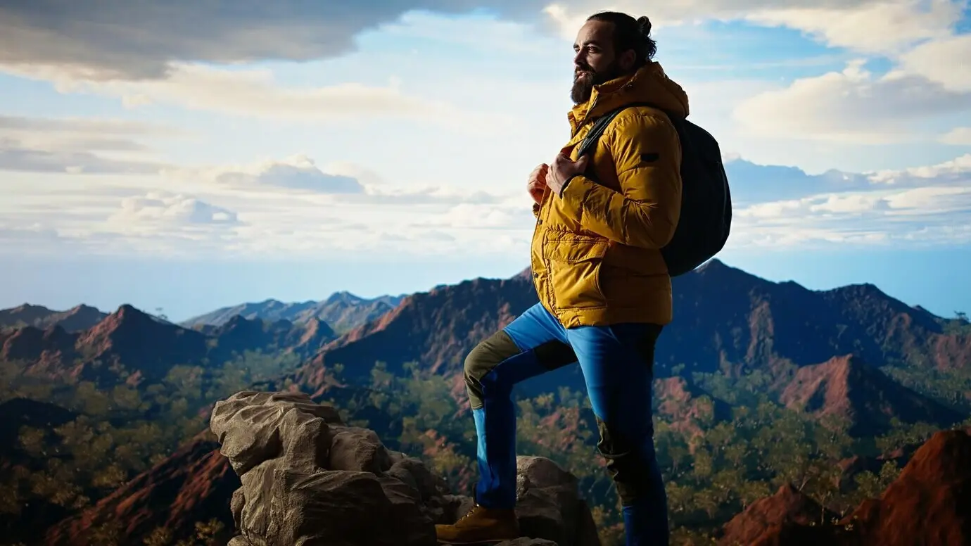 Ein Trekker in warmer Kleidung blickt auf die panoramische Bergkette.