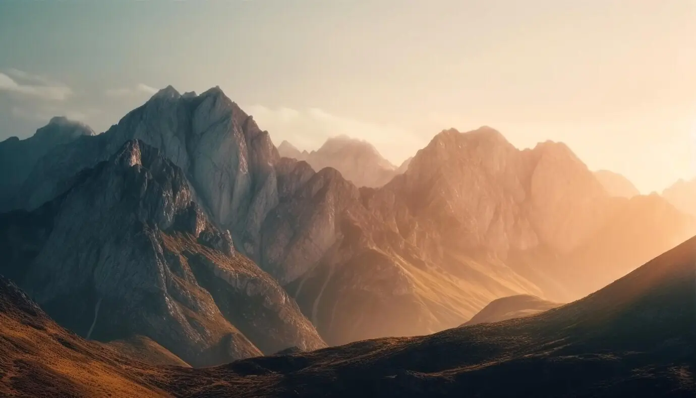Von KI generierte ruhige Herbstwaldszene mit majestätischem Berggipfel.